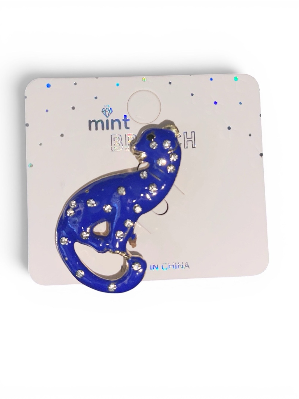 LEOPARD ENAMEL BLUE BROOCH ADORNED WITH CLEAR RHINESTONES